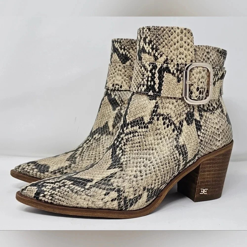 Sam Edelman Women's Leonia Block Heel Leather Snake Print Booties Size 6